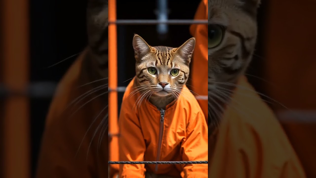 A  brown cat wearing inmate orange #cutebaby #catmemes #aicat #funny #viralshort #trendingshorts
