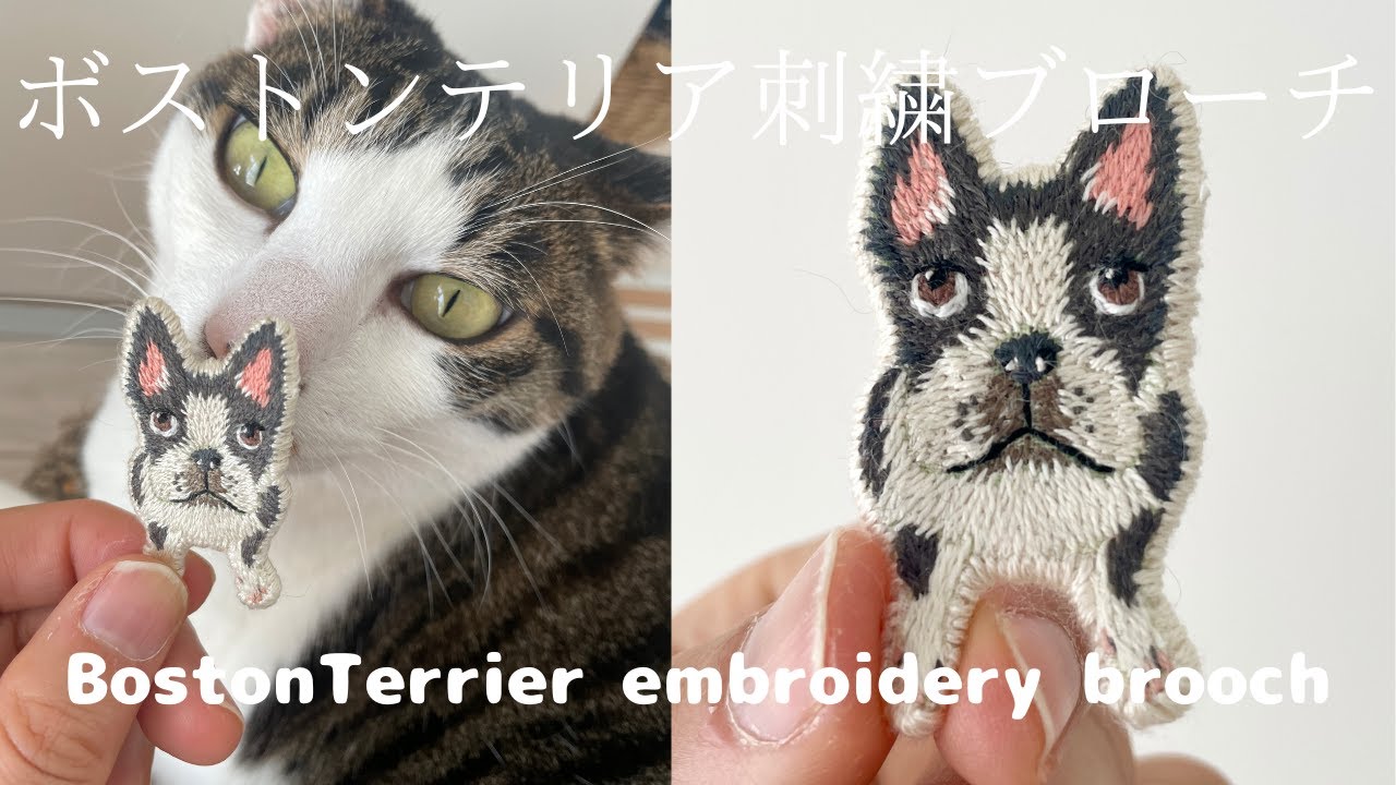 ボストンテリア　ダンくんの刺繍ブローチ/刺繍動画/日本茶専門店/猫/Boston Terrier embroidery brooch [刺繍と猫と旅]