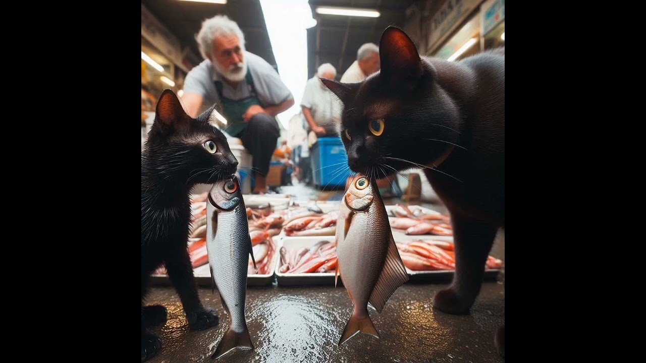 Black cat steals fish from seller Brown cat. #cat#funnycat#videocat#AICAT#cutecat#lovecat.