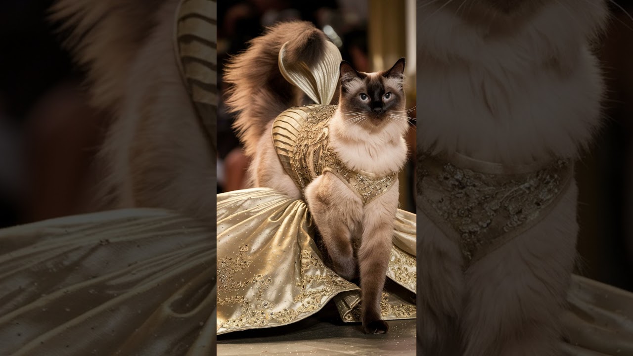 "Regal Siamese Cat Shines in Gold Gown! 😻✨ | The Ultimate Catwalk Star"  #cat #catwalk #catbreed