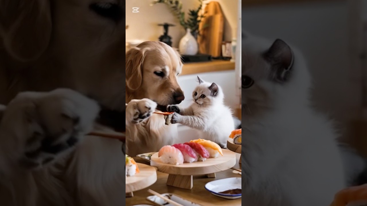 🍣🐶🐱 Sushi Time! Golden Retriever & Ragdoll Chef Collab! 🍣✨ (handmade sushi! #cat #pets #cute