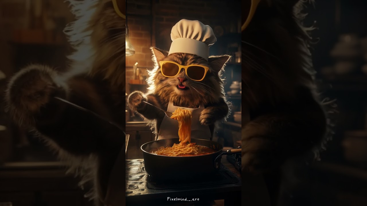 A Chef Cat’s Cinematic Pasta Moment 🍽️✨ #aiart #midjourney #digitalart #catchef #catshorts