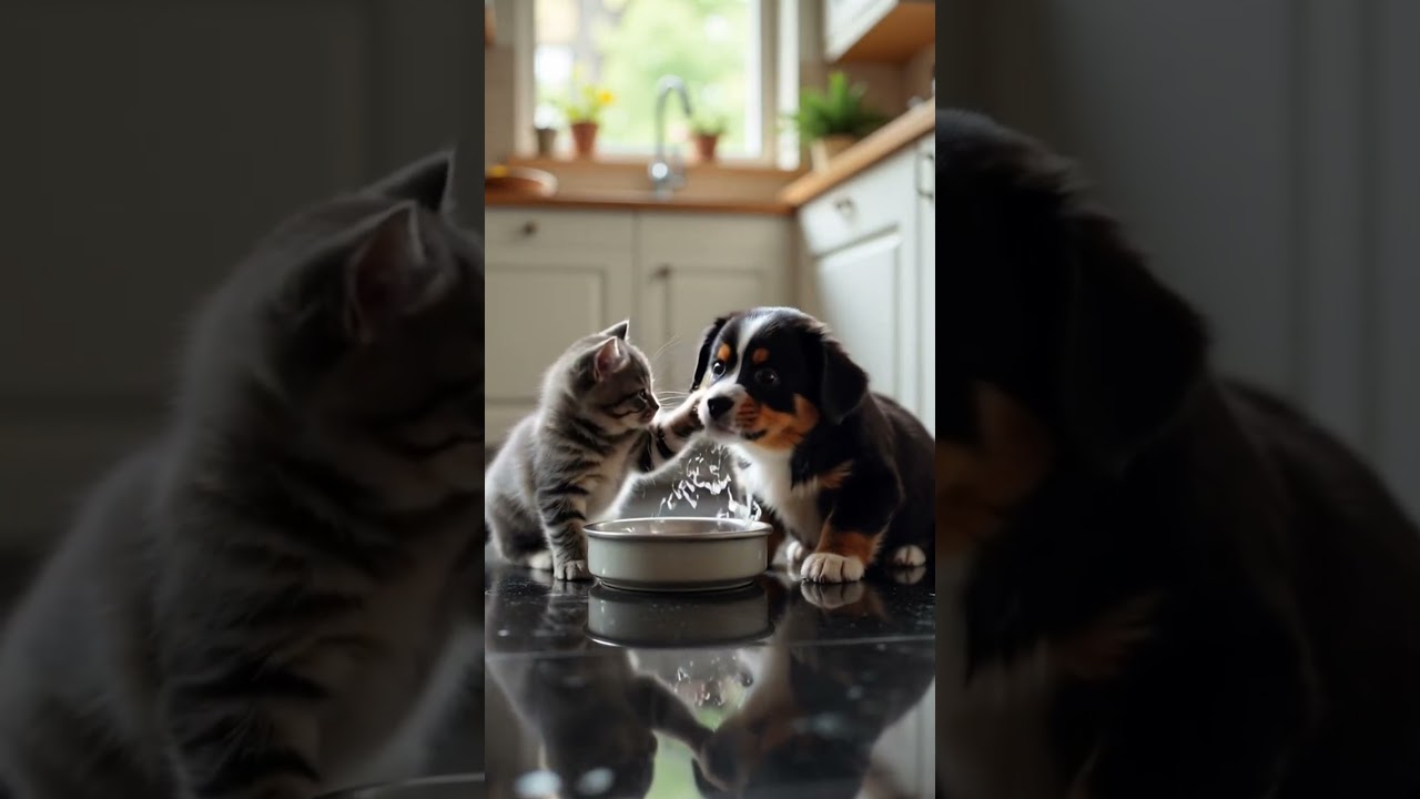 Puppy and Kitten's Water Fight Goes Wrong! 😂 #shorts
