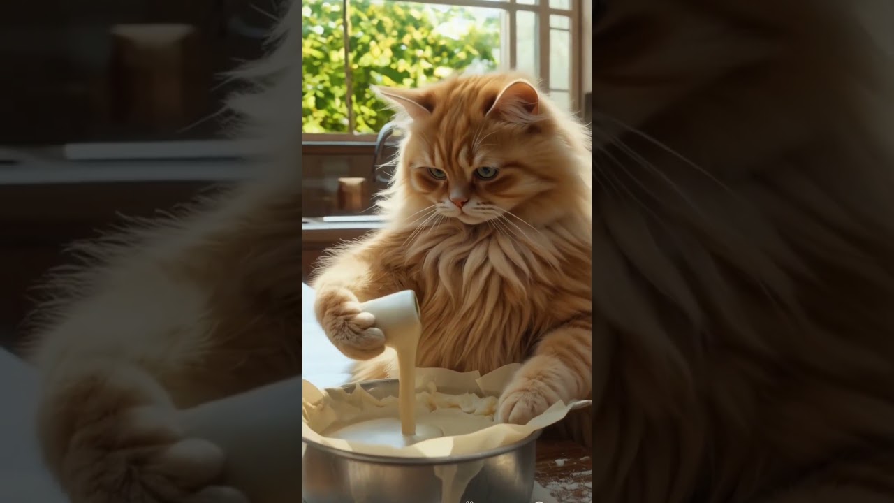 Fluffy Cat Bakes a Strawberry Cream Cake 🍓🎂 | Cozy Cottage Vibes #FoodieShorts #CatBaking #Shorts