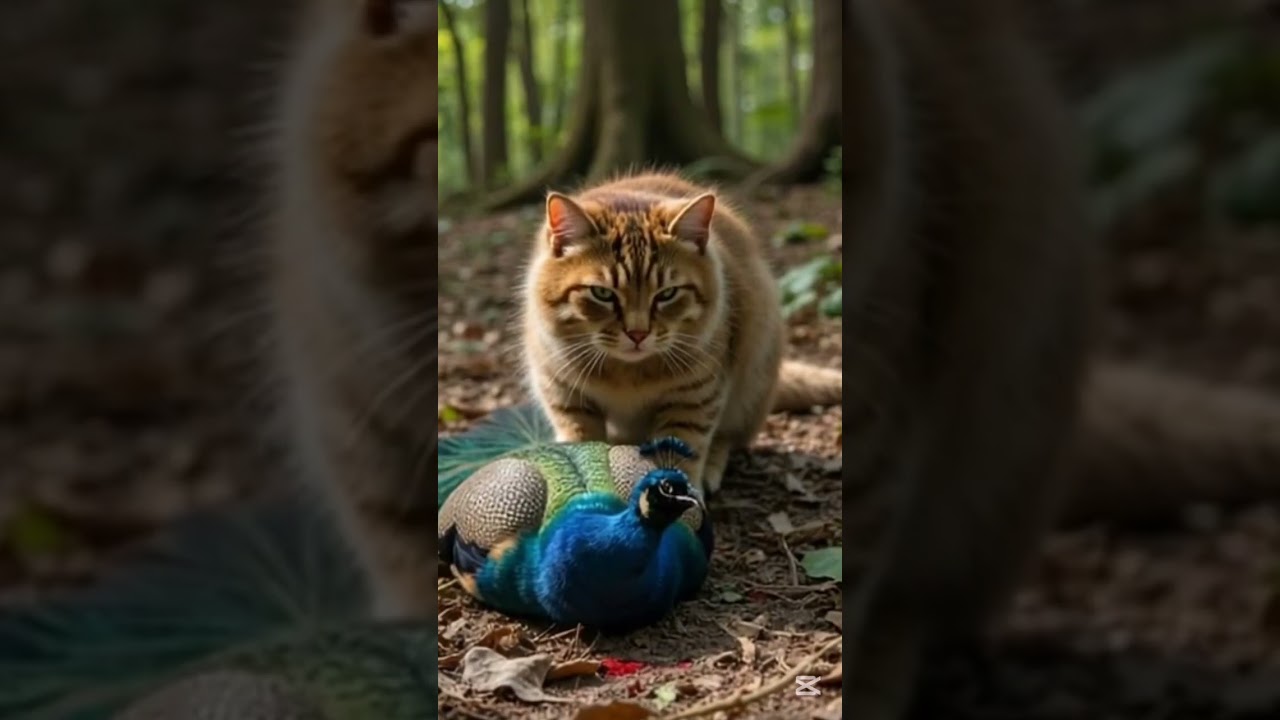 A brown cat attack on cute peacock