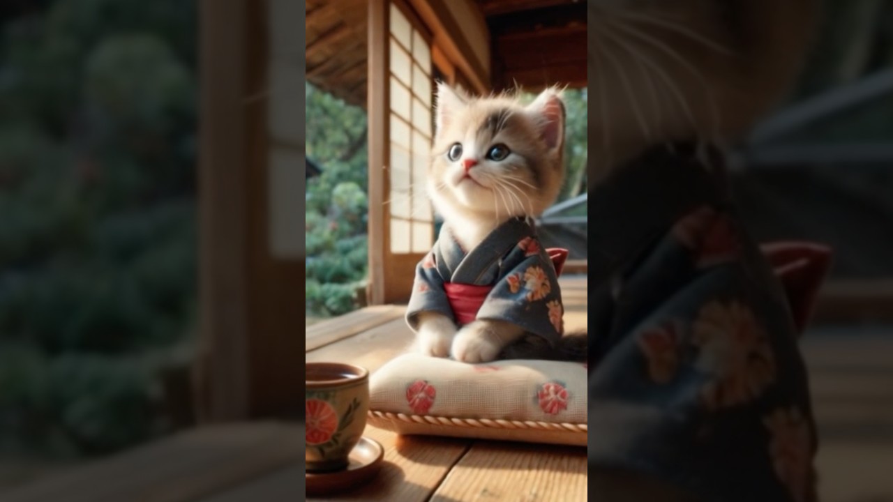 縁側でお茶飲む子猫 #ai #子猫 #猫 #ねこ #ネコ #猫動画 #かわいい猫 #着物 #縁側 #癒し動画 #kitten  #cat #cute