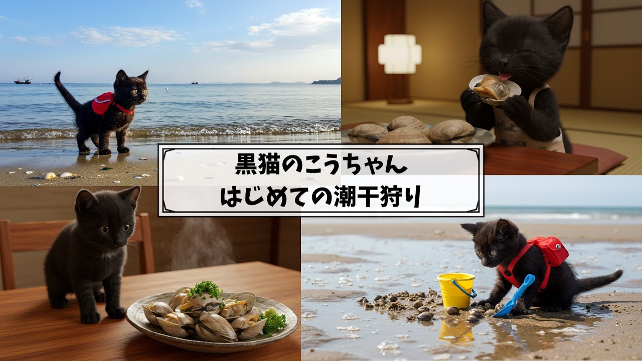 【AI猫】黒猫の幸ちゃん(こうちゃん)潮干狩りからアサリの酒蒸しまで！【猫と料理】 #ai猫 #ai料理 #ai猫料理 #潮干狩り #アサリ