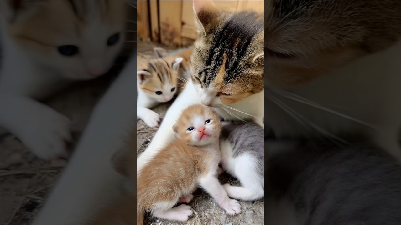 Mother Cat Shows Sweet Love to Her Tiny Kittens