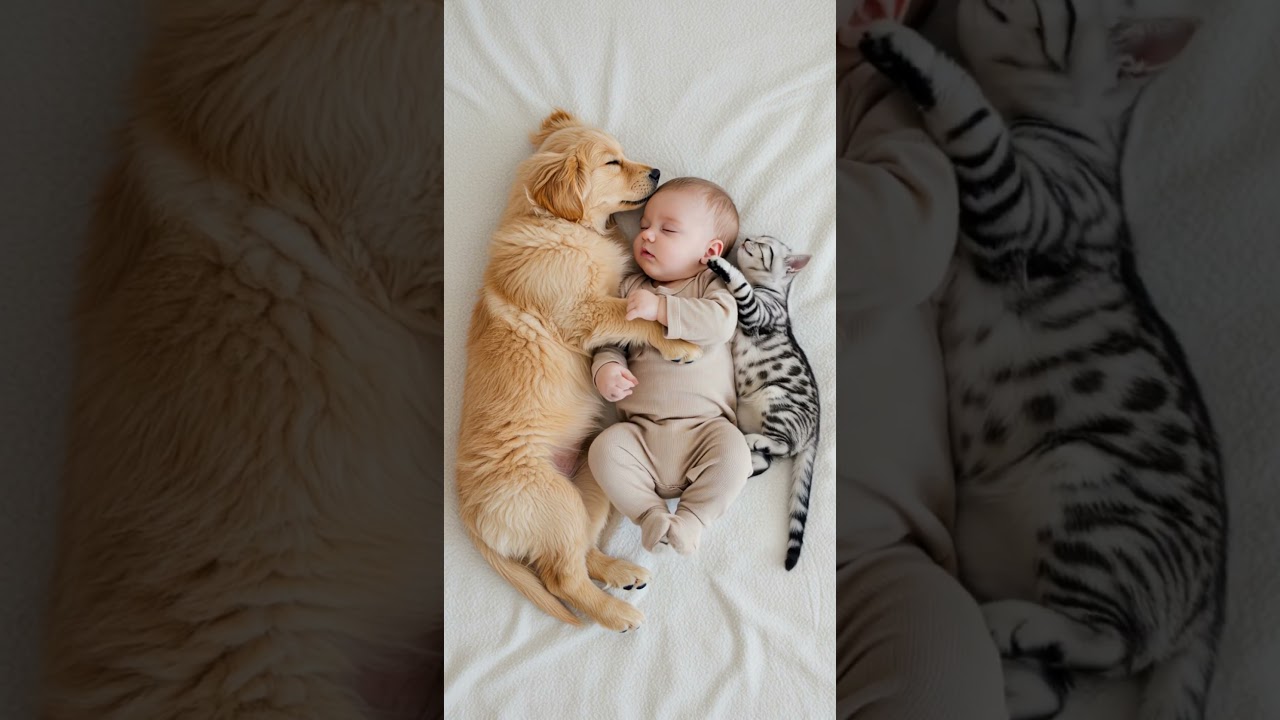 友だちと一緒におやすみ💤#ゴールデンレトリバー #アメリカンショートヘア #赤ちゃん