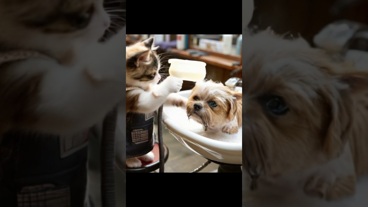 シャンプーする子猫の床屋さん #cute #子猫 #ai #猫 #kitten #かわいい #pets #ネコ #癒し動画 #美容室 #ねこ動画 #catvideos #catshorts #cat