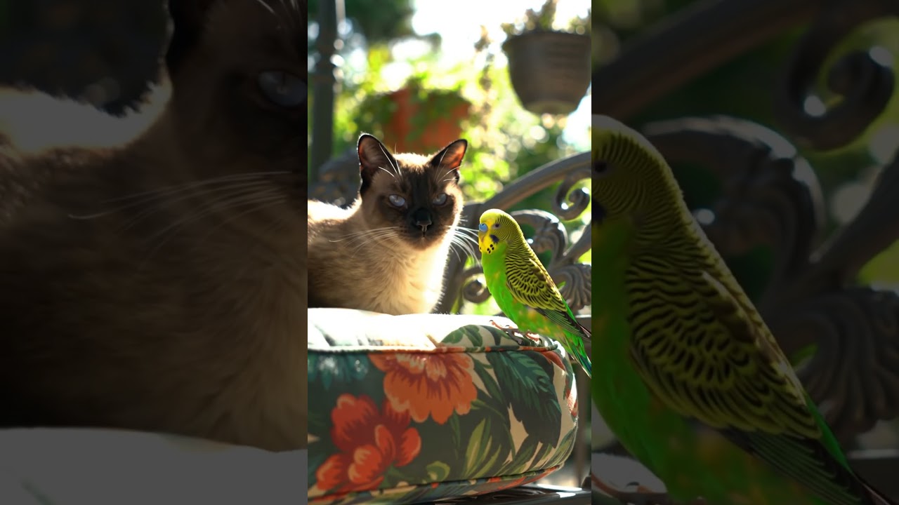 Siamese Cat & Parakeet Patio Peek