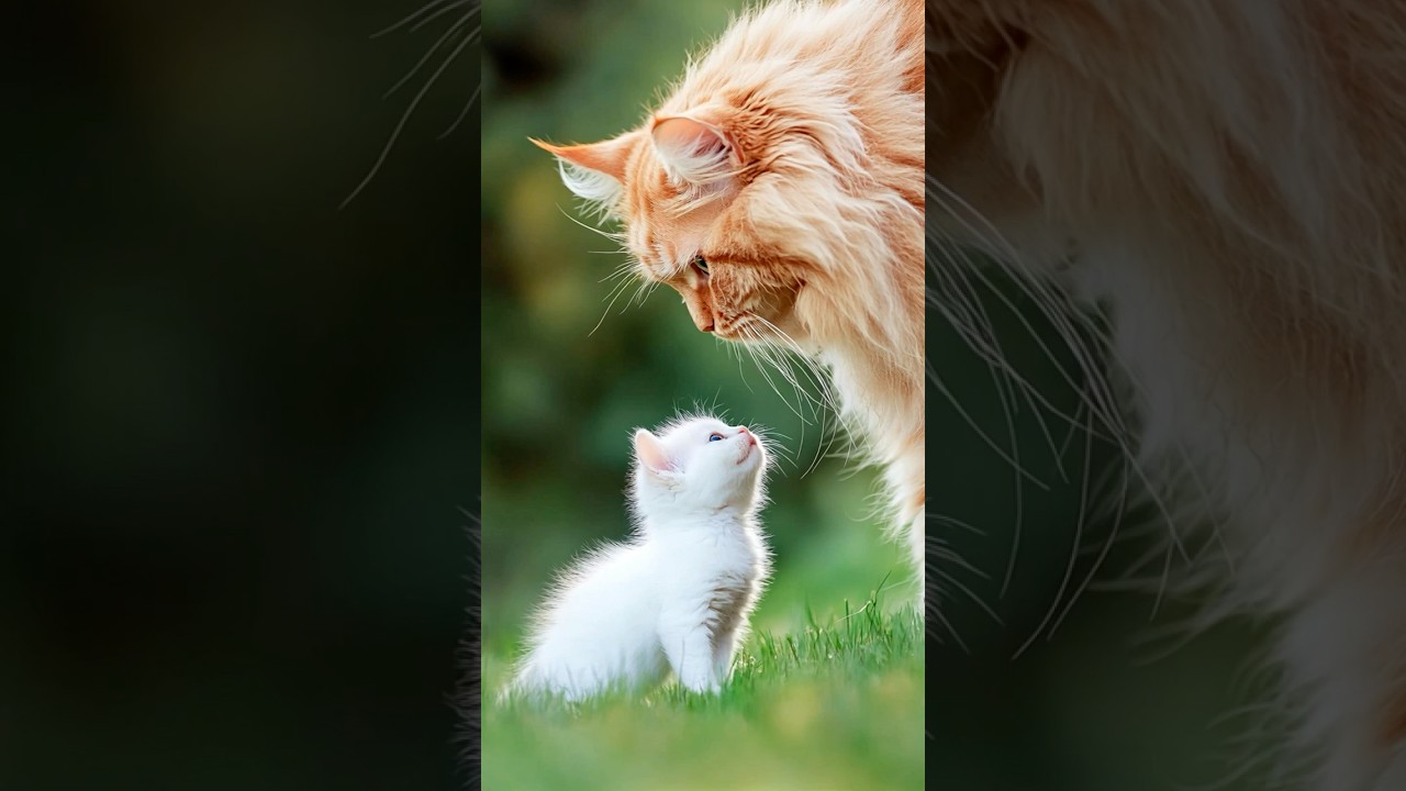 Maine Coon Cat And Kitten Share A Tender Moment