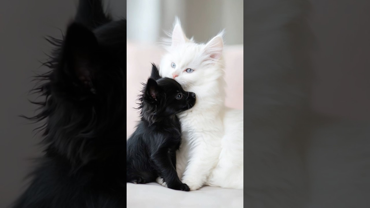Fluffy Duo: Puppy And Maine Coon Cat Hug Time
