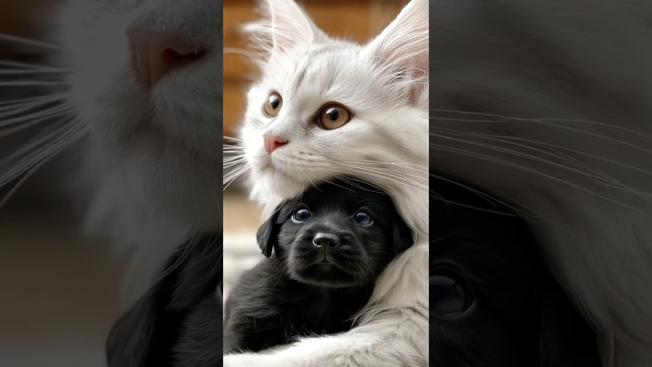 A Fluffy Moment: Maine Coon Cat Meets Pup