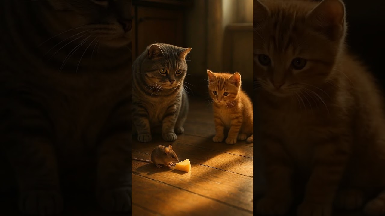 Two Cats, One Mouse, and a Slice of Cheese 🍕🐱🐭 #cat #kitten #cute #cutecat #shorts