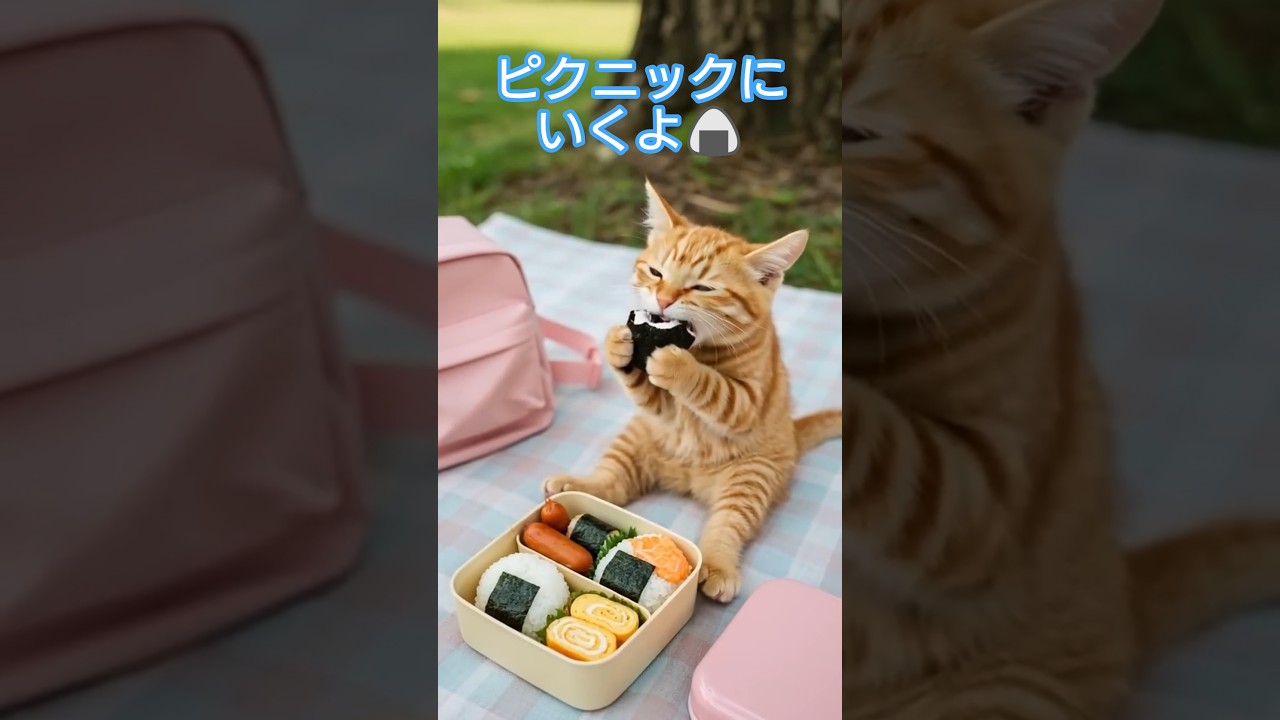 ピクニックに行ったらうさちゃんとともだちになったよ🐇🍙#猫#茶トラ猫#ai猫#料理#cat#catshorts #catvideos #catlovers #aicat