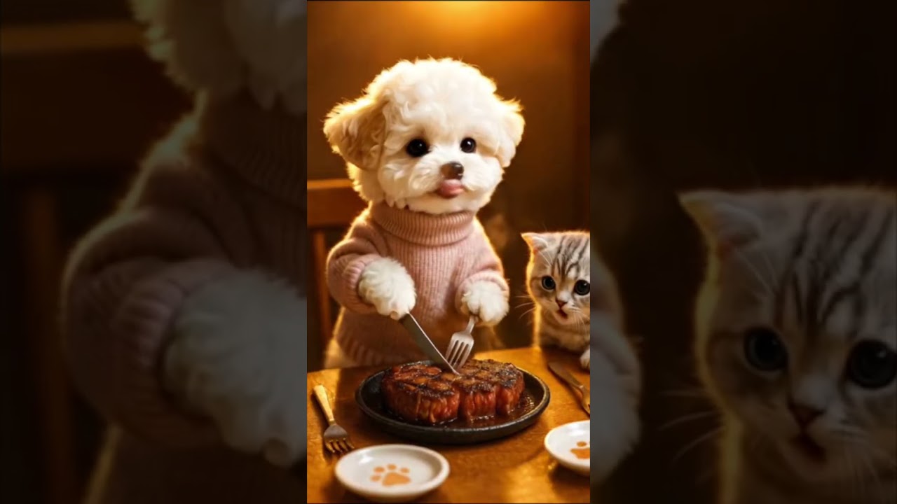 (한국어) 강아지가 고양이에게 스테이크를 잘라줬더니… 마지막 반전 무엇? 😂 (English) Puppy gives his cat a piece of wagyu steak...