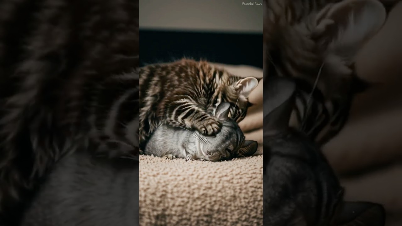 Gentle Maine Coon Grooms a Fluffy Chinchilla