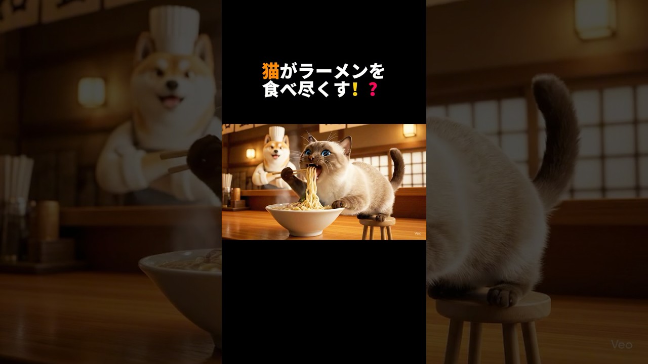 🐱 猫のラーメン食べ放題 🍜 柴犬店長のラーメン屋で「いただきます〜 ごちそうさまでした！」#shorts