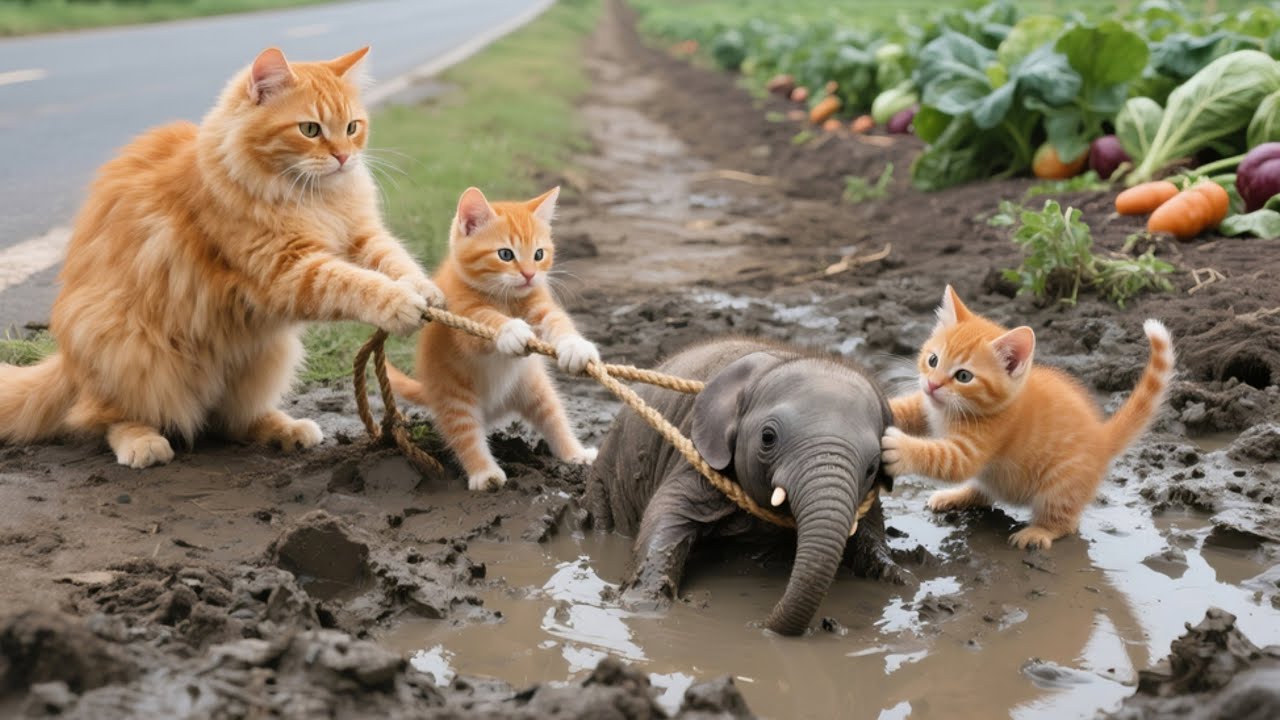 Live 🔴 Mama Cat and Kittens Rescue Baby Elephant from the Mud | Cat Videos | Kucing | Cute Cat