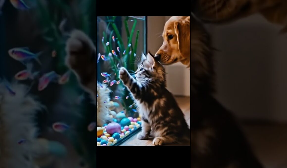 Kitten 🐱 + Puppy 🐶 Meet Neon Tetras 🌈🐟
