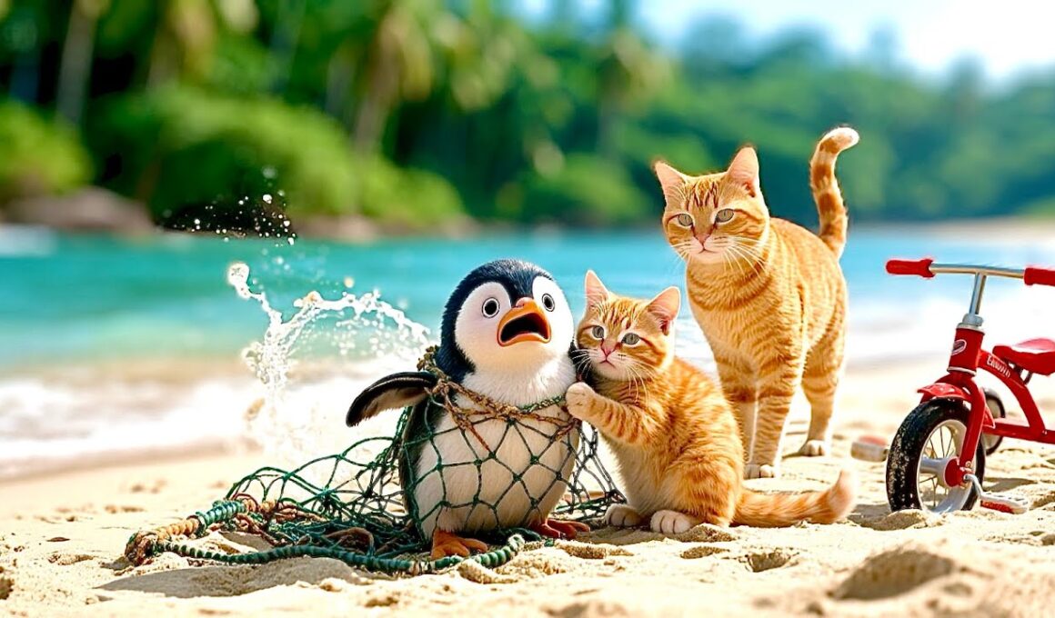 Mama Cat & Kitten Rescue a Penguin 🐧| Giving It a Happy Life 💖 🐱 | Heartwarming Cat Video