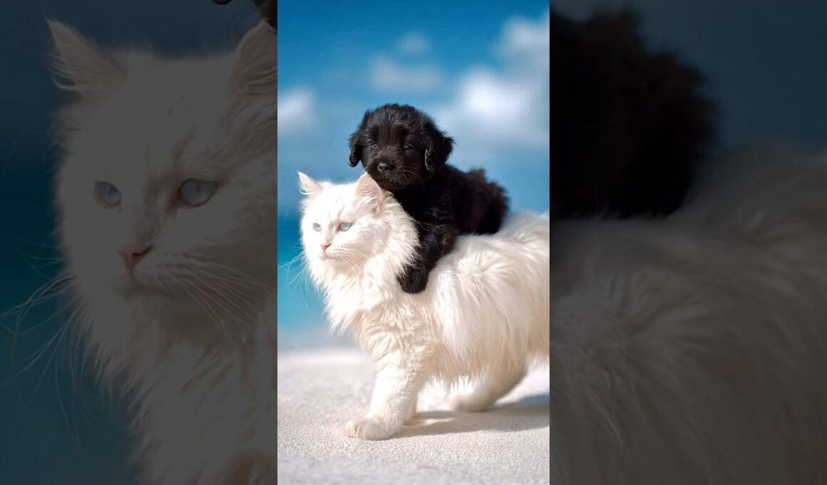 ふわふわのメインクーン猫が子犬を乗せる