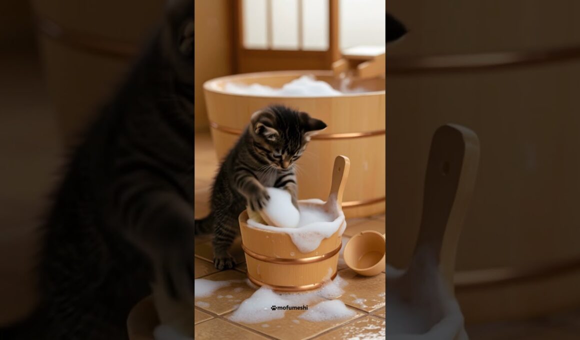 子猫がお風呂掃除してから子犬を入浴させるまで