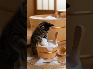 子猫がお風呂掃除してから子犬を入浴させるまで