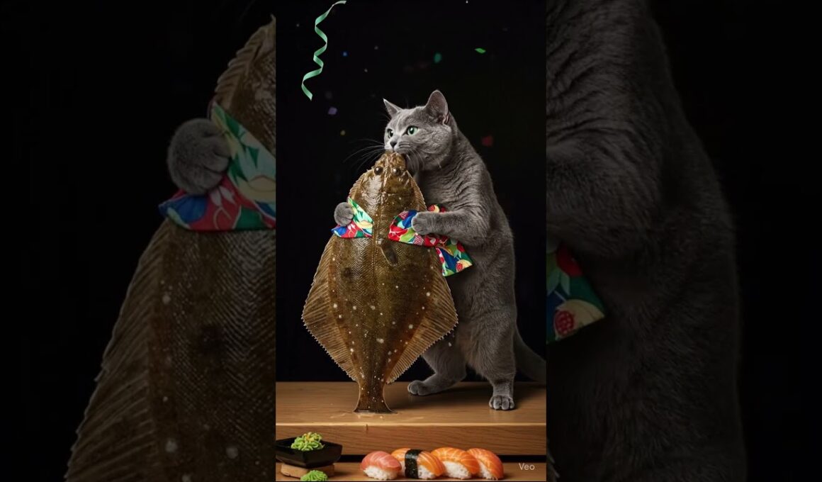 Cat chef dances with a flounder.