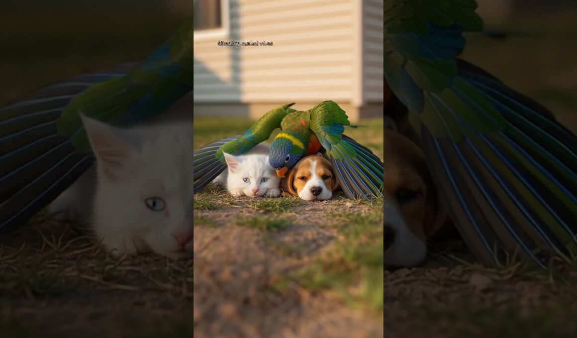 子犬と子猫の間に入りたいインコの甘えん坊タイム🐶🐱🦜💖