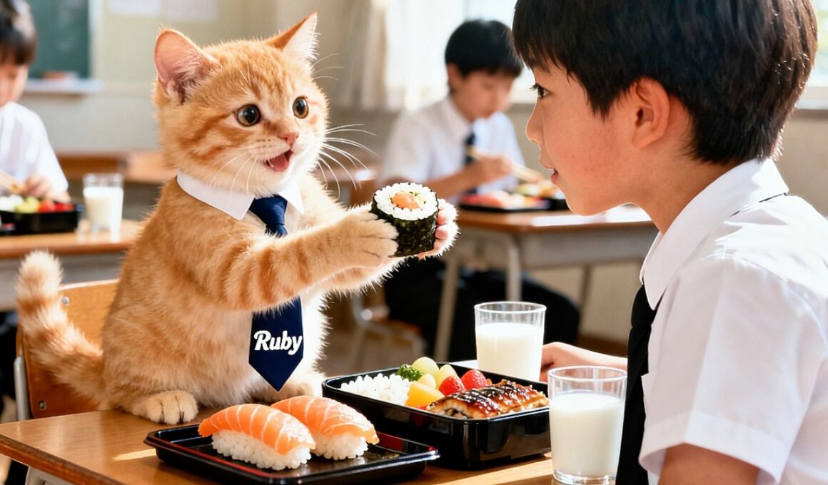 猫ママのこっそり弁当！ルビー先生と少年の優しいシェア❤️🐱#cute #cat #funny #kitten #love #癒し#子猫 #社畜