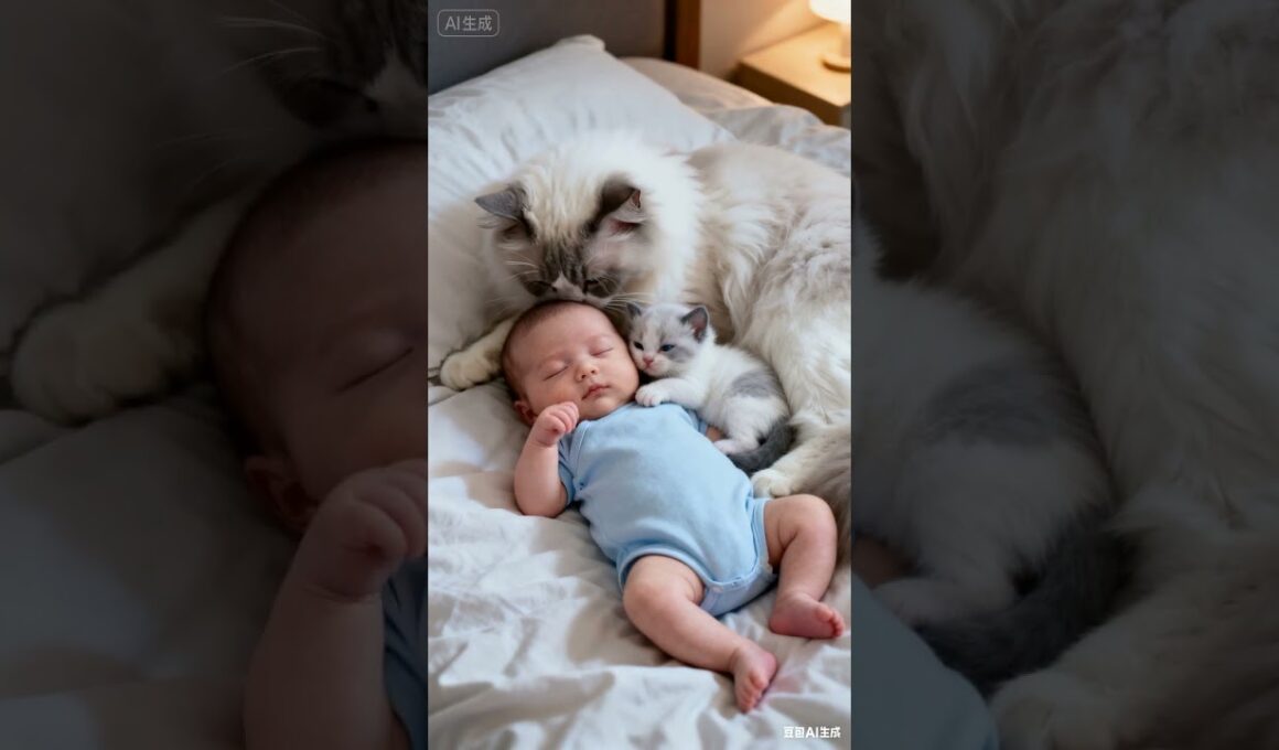 🌙 Ragdoll Cat Mom Kisses Sleeping Baby & Kitten — Pure Heartwarming Magic!