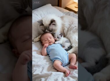 🌙 Ragdoll Cat Mom Kisses Sleeping Baby & Kitten — Pure Heartwarming Magic!