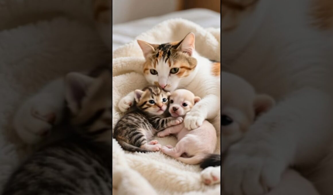 Mother Cat Nurtures Puppy and Kitten – So Adorable!🐱🐶💕 #catshorts #pets #puppy #kitty