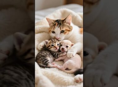 Mother Cat Nurtures Puppy and Kitten – So Adorable!🐱🐶💕 #catshorts #pets #puppy #kitty