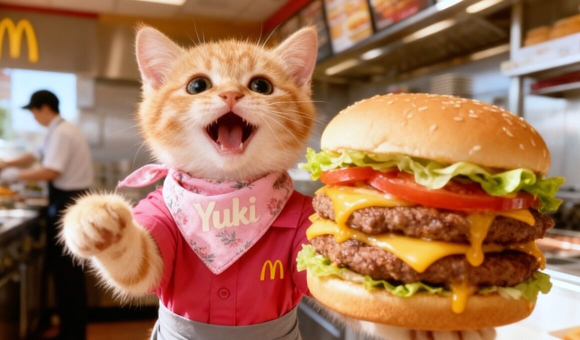 🐱小猫ルビーのマックで巨大ハンバーガー挑戦！女性客が完食した感動の瞬間✨❤️#cute #cat #funny #kitten #love #癒し#子猫 #社畜