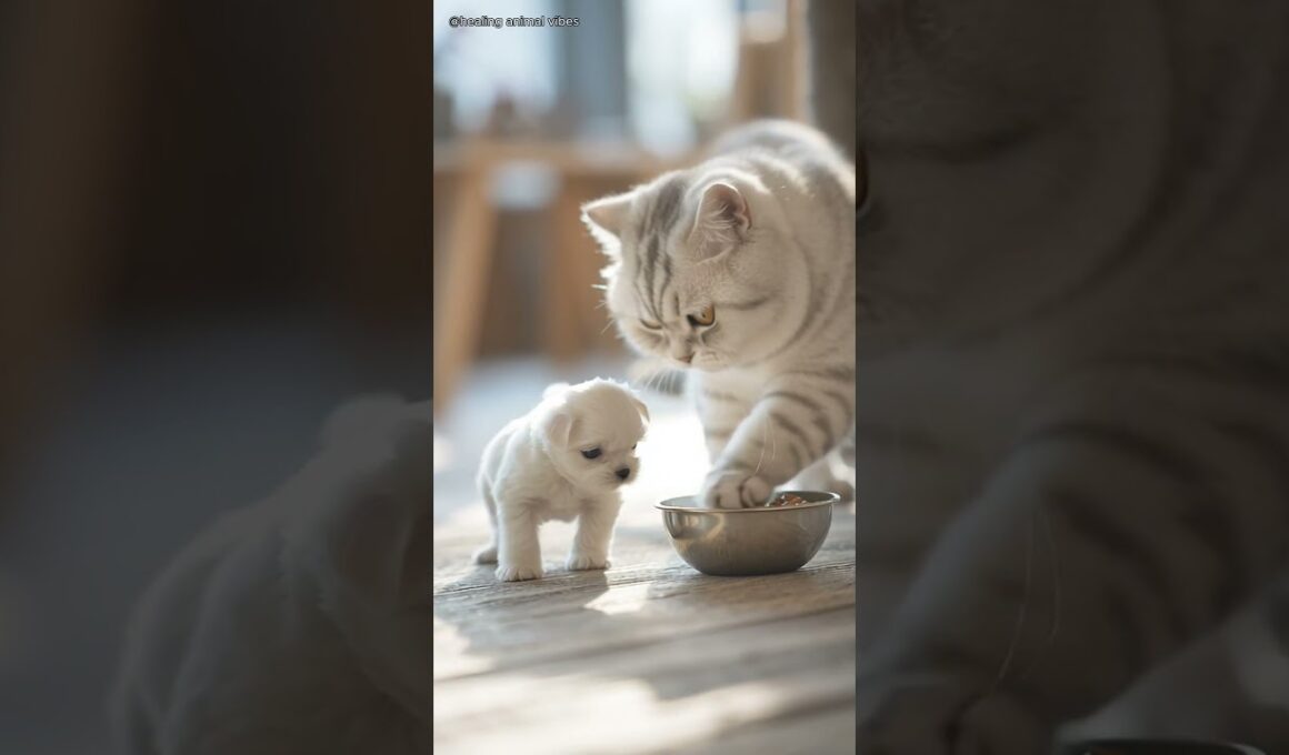 ごはんを子犬に譲る優しいスコティッシュフォールド🐱🐶