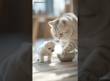 ごはんを子犬に譲る優しいスコティッシュフォールド🐱🐶
