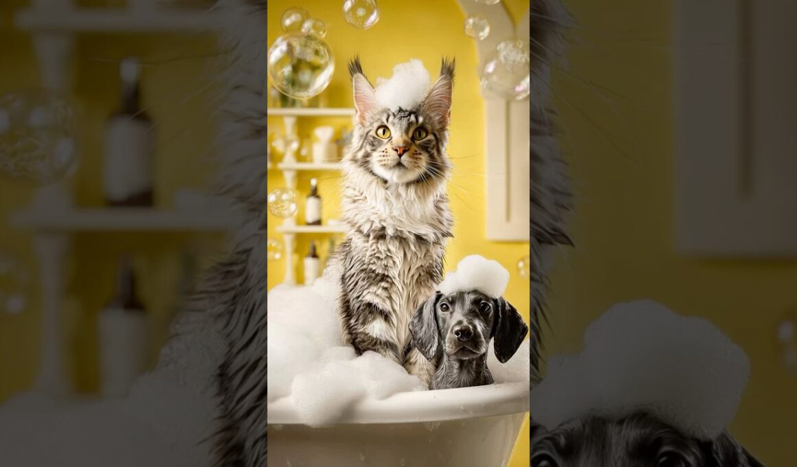 Maine Coon Cat Lathers Puppy In Tub — Adorable!