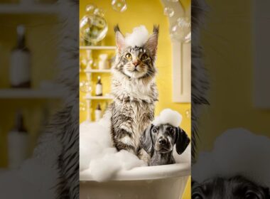 Maine Coon Cat Lathers Puppy In Tub — Adorable!