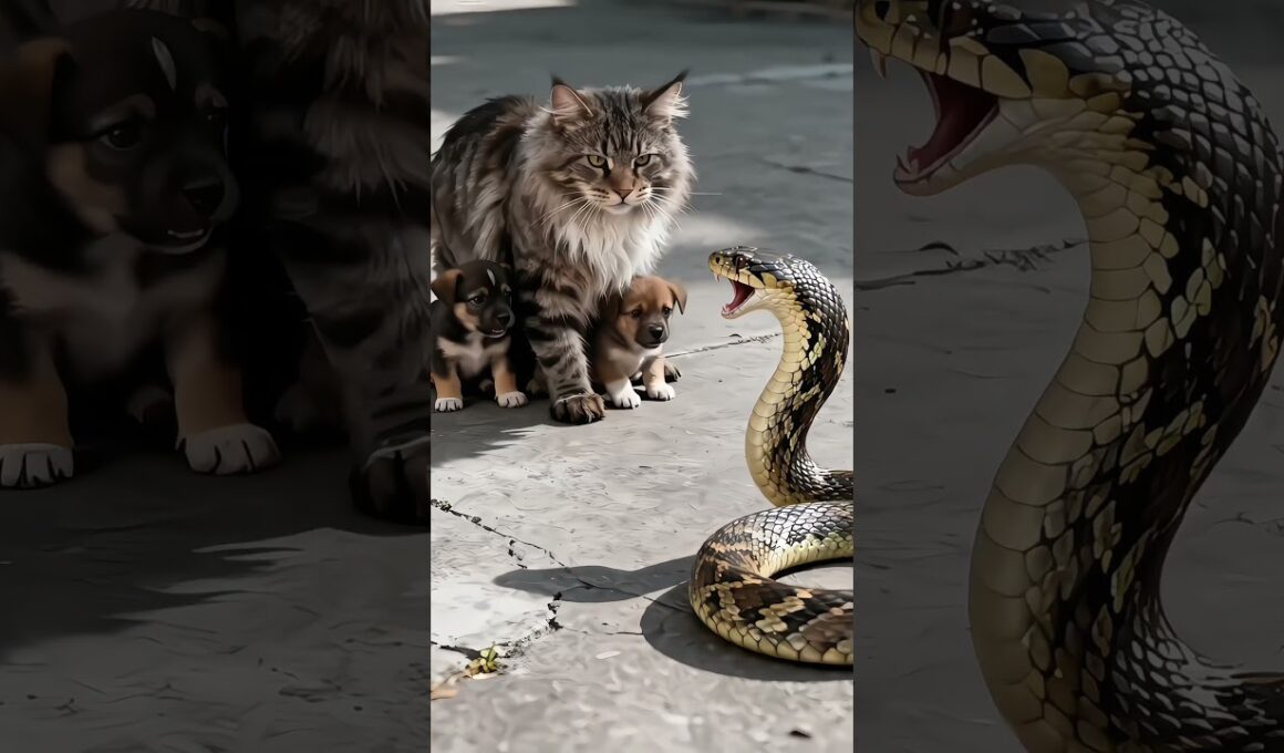 Hero Cat Defends Puppies from Striking Cobra