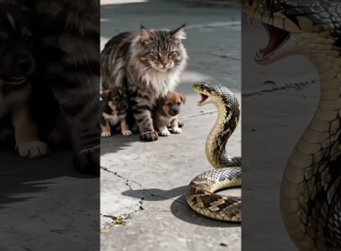 Hero Cat Defends Puppies from Striking Cobra