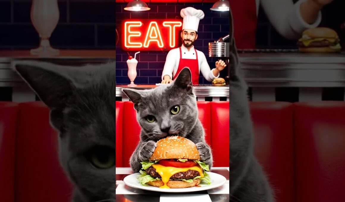 🇺🇸America🇺🇸 Hamburger – Cool Gray Cat Devours a Juicy Burger 🍔🐱 #short