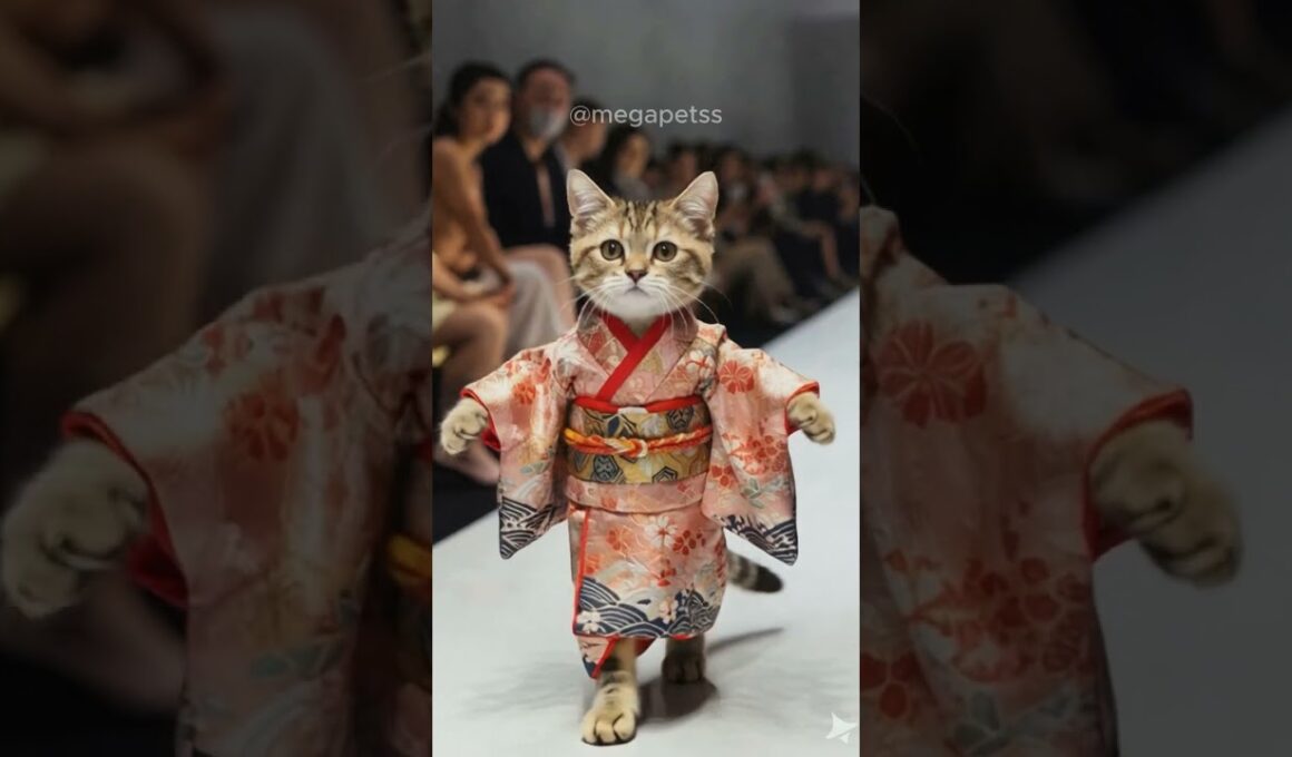 日本の伝統衣装、着物を着た猫のファッションショー #ai猫 #着物 #cat #日本