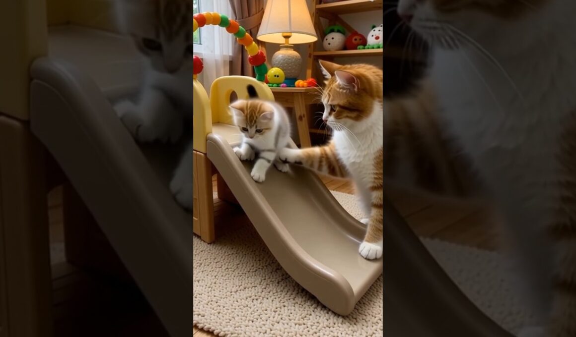 Baby Cat First Time Tries a Slide #shorts #cat #catlovers