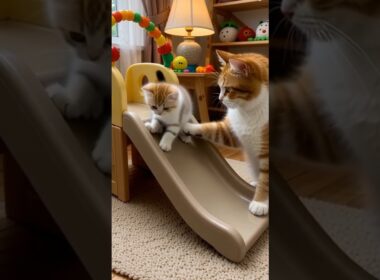Baby Cat First Time Tries a Slide #shorts #cat #catlovers