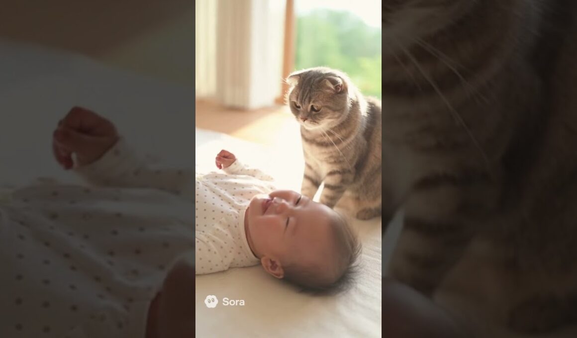 スコティッシュフォールドが見守る、赤ちゃんの笑顔