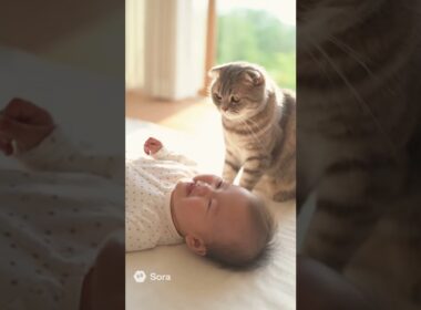 スコティッシュフォールドが見守る、赤ちゃんの笑顔