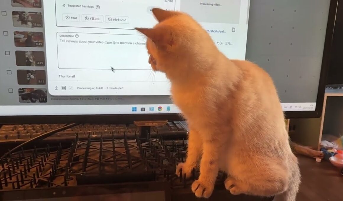 明け方、パソコンモニターのマウスを追いかけるシャム猫の子ネコ雫。時折、モニターへ、ネコパン💦